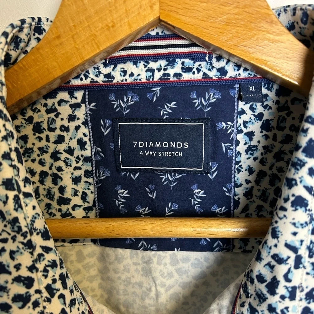 7 Diamonds 4 Way‎ Stretch Men's Blue Patterned Shirt Short Sleeve Size XL Button